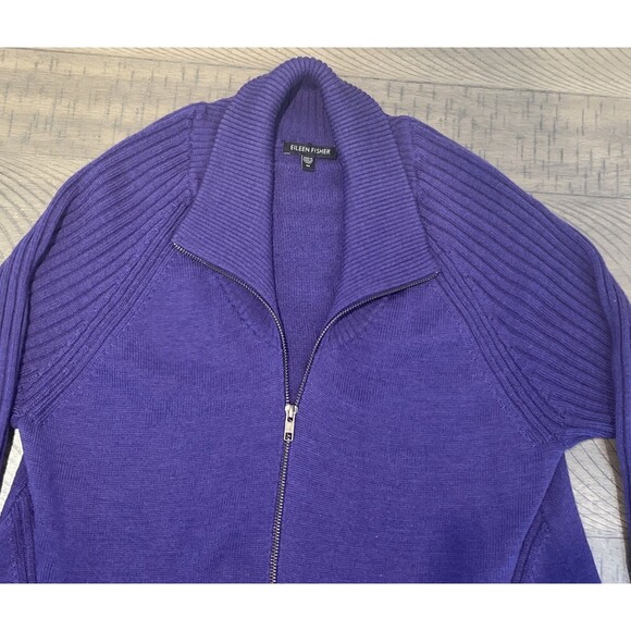 Eileen Fisher Sweater Cardigan SZ Medium Merino Wool Purple Long Sleeve Zip Up - Picture 2 of 7